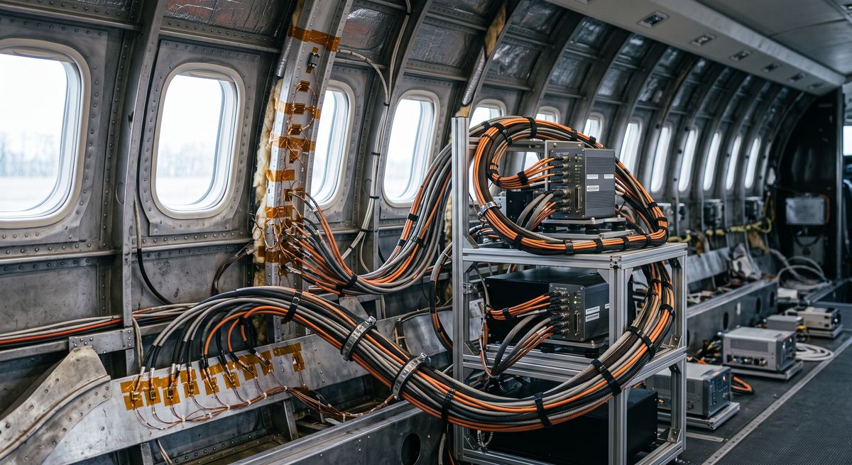 Extensómetros fixados à fuselagem de uma aeronave, com feixes de cabos ligados às unidades de deteção de voo a bordo