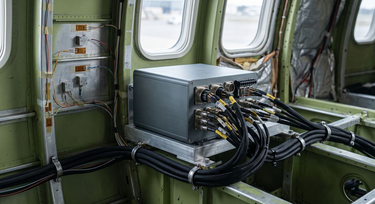 Airborne data acquisition system rack installed in an instrumented aircraft fuselage, with strain gauges and cable looms
