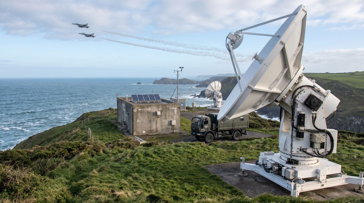Ground telemetry station with a tracking antenna receiving flight test data from aircraft in flight